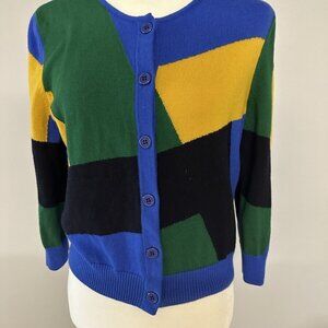 ST JOHN Colorblock Pattern Scoop‎ Neck 100% Wool Long Sleeve Sweater Sz M